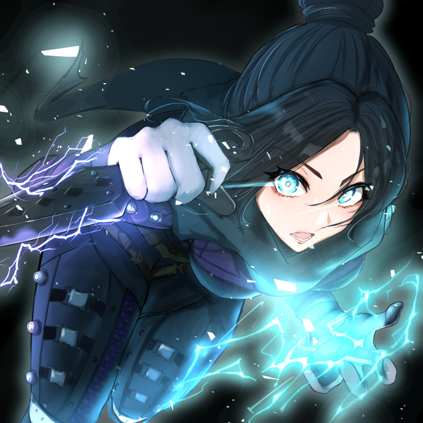 1girl animification apex_legends belt black_background black_bodysuit black_hair black_scarf blue_eyes bodysuit breasts brown_belt charging_forward electricity eye_trail hair_bun highres holding holding_knife knife kuma_no_gyuunyuu-ya-san kunai light_trail medium_breasts open_hand parted_bangs scarf single_hair_bun solo v-shaped_eyebrows weapon wraith's_kunai wraith_(apex_legends)