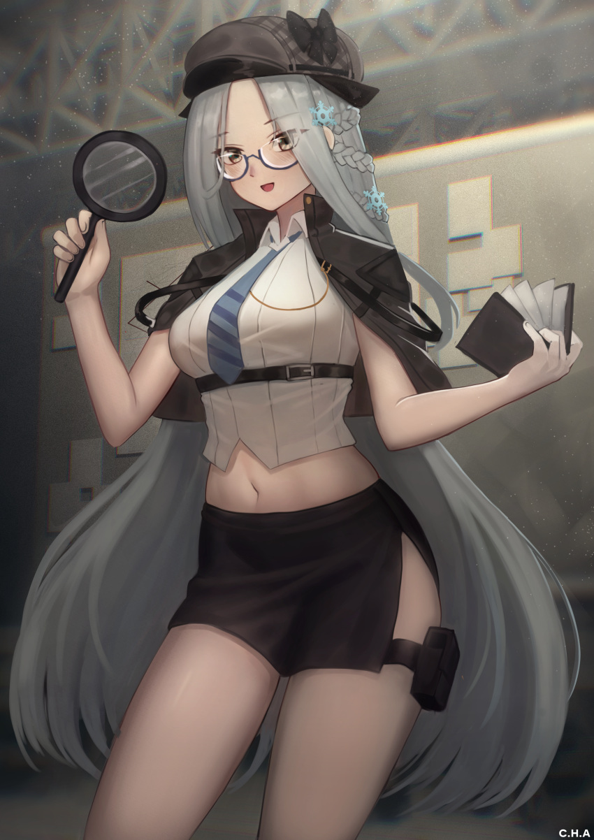 1girl absurdres alternate_costume azur_lane book braid c.h.a capelet chest_belt collared_shirt detective french_braid grey_hair hair_ornament highres holding holding_book holding_magnifying_glass long_hair magnifying_glass navel official_alternate_costume pencil_skirt pouch semi-rimless_eyewear shangri-la_(azur_lane) shangri-la_(utopia's_collector)_(azur_lane) shirt side_slit skirt snowflake_hair_ornament snowflake_pin striped_clothes striped_shirt thigh_pouch vertical-striped_clothes vertical-striped_shirt