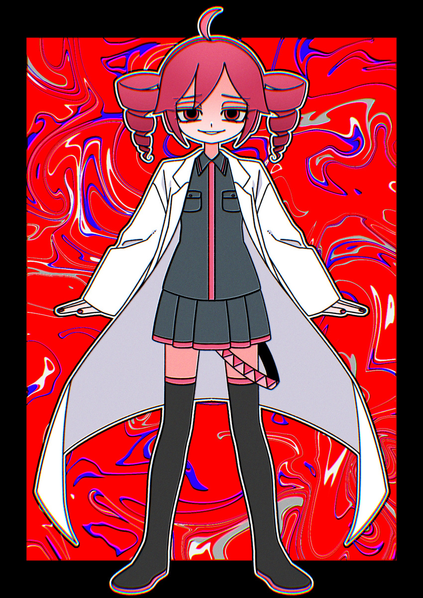 abstract_background absurdres arms_at_sides black_border black_footwear black_shirt black_skirt boots border chromatic_aberration coat collared_shirt distortion drill_hair full_body furrowed_brow grin half-closed_eyes headphones highres igaku_(utau) kasane_teto long_sleeves looking_at_viewer multicolored_background open_clothes open_coat outline outside_border pleated_skirt red_background red_eyes red_hair red_nails shirt short_hair skirt smile standing straight-on tadano_tajima thigh_boots twin_drills utau white_outline zettai_ryouiki