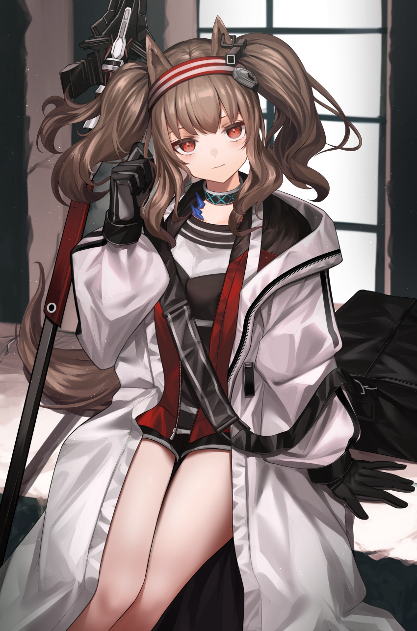 1girl absurdres angelina_(arknights) animal_ears arknights arm_support black_gloves blush brown_hair closed_mouth fox_ears fox_tail gloves hairband highres jacket legs long_hair long_sleeves looking_at_viewer open_clothes red_eyes red_hairband sitting solo tail thighs twintails window yamada_maya_(yamdmay)