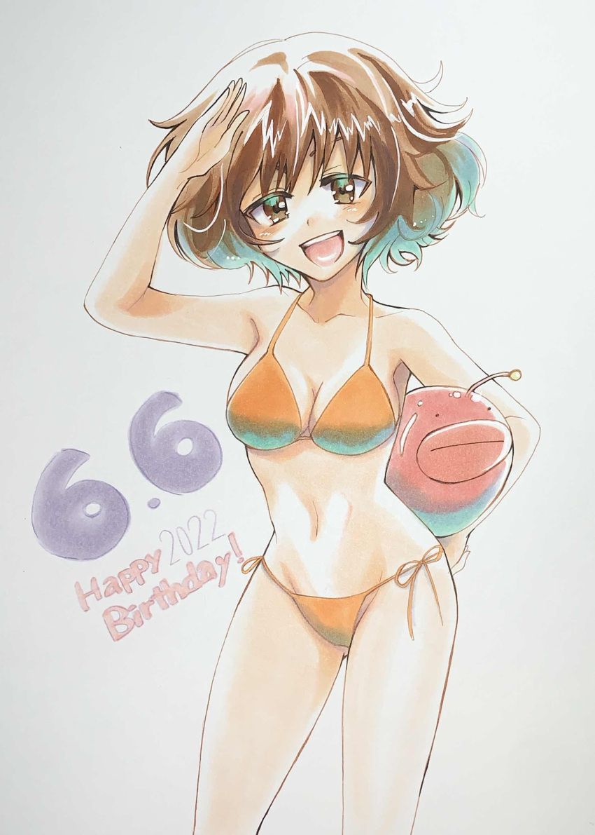 1girl absurdres akiyama_yukari anglerfish bikini breasts brown_eyes brown_hair cleavage commentary dated english_text fish girls_und_panzer grey_background groin halterneck happy_birthday highres holding holding_stuffed_toy looking_at_viewer medium_breasts messy_hair navel open_mouth orange_bikini salute sawamaru30 short_hair side-tie_bikini_bottom smile solo standing string_bikini stuffed_toy swimsuit traditional_media