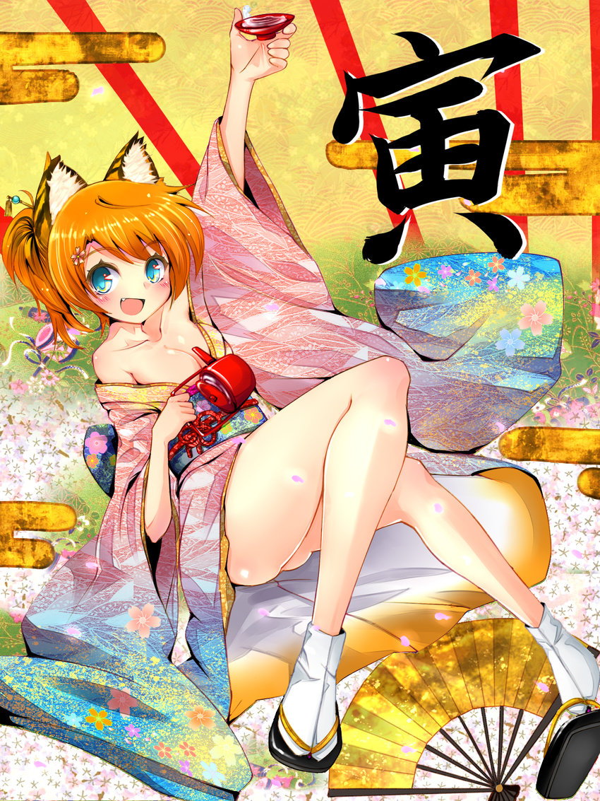 alcohol animal_ears blue_eyes blush breasts cleavage collarbone egasumi fan furisode highres japanese_clothes kimono legs medium_breasts new_year npon515 off_shoulder orange_hair original sake sandals seigaiha shoe_dangle socks solo strap_slip tiger_ears