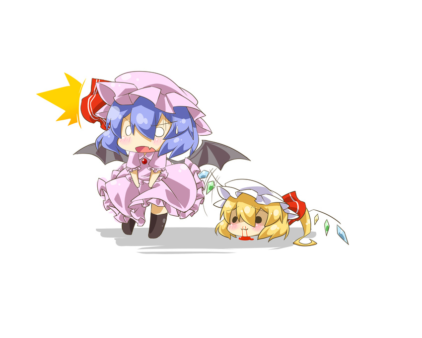 2girls bad_id bad_pixiv_id blonde_hair blood blue_hair chibi eiri_(eirri) flandre_scarlet flapping hat highres implied_pantyshot multiple_girls nosebleed ponytail remilia_scarlet short_hair siblings side_ponytail sisters skirt skirt_lift touhou upskirt wings yukkuri_shiteitte_ne