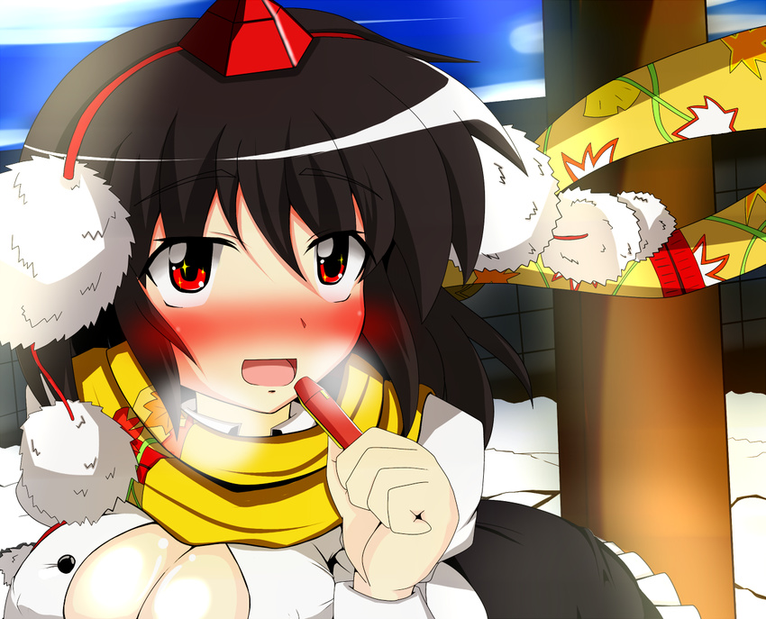 1girl black_hair blush breasts breath cleavage hat large_breasts looking_at_viewer open_mouth pen red_eyes rindou_(p41neko) scarf shameimaru_aya smile solo tokin_hat touhou