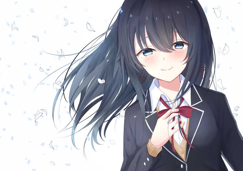 1girl absurdres black_hair blazer blue_eyes blush cardigan closed_mouth collared_shirt hair_ribbon hand_on_own_chest highres jacket long_hair long_sleeves looking_at_viewer mugi_(mugi0016) neck_ribbon petals red_ribbon ribbon school_uniform shirt smile sobu_high_school_uniform solo upper_body white_shirt yahari_ore_no_seishun_lovecome_wa_machigatteiru. yellow_cardigan yukinoshita_yukino