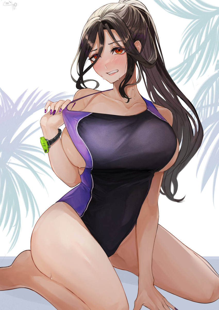 1girl black_hair breasts competition_swimsuit highres kneeling large_breasts looking_at_viewer mole mole_on_neck nail_polish nekotokage nijisanji one-piece_swimsuit palm_tree ponytail red_eyes shirayuki_tomoe sideboob sweat swimsuit thighs tree virtual_youtuber wristband