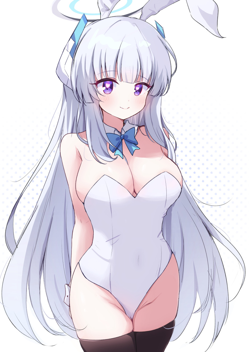 1girl absurdres animal_ears bare_shoulders black_thighhighs blue_archive blue_bow blue_bowtie bow bowtie breasts cleavage detached_collar fake_animal_ears grey_hair groin halo headphones heart heart-shaped_pupils highleg highleg_leotard highres large_breasts leotard long_hair looking_at_viewer mechanical_halo mikkan0727 noa_(blue_archive) playboy_bunny purple_eyes rabbit_ears simple_background smile solo strapless strapless_leotard symbol-shaped_pupils thighhighs wrist_cuffs