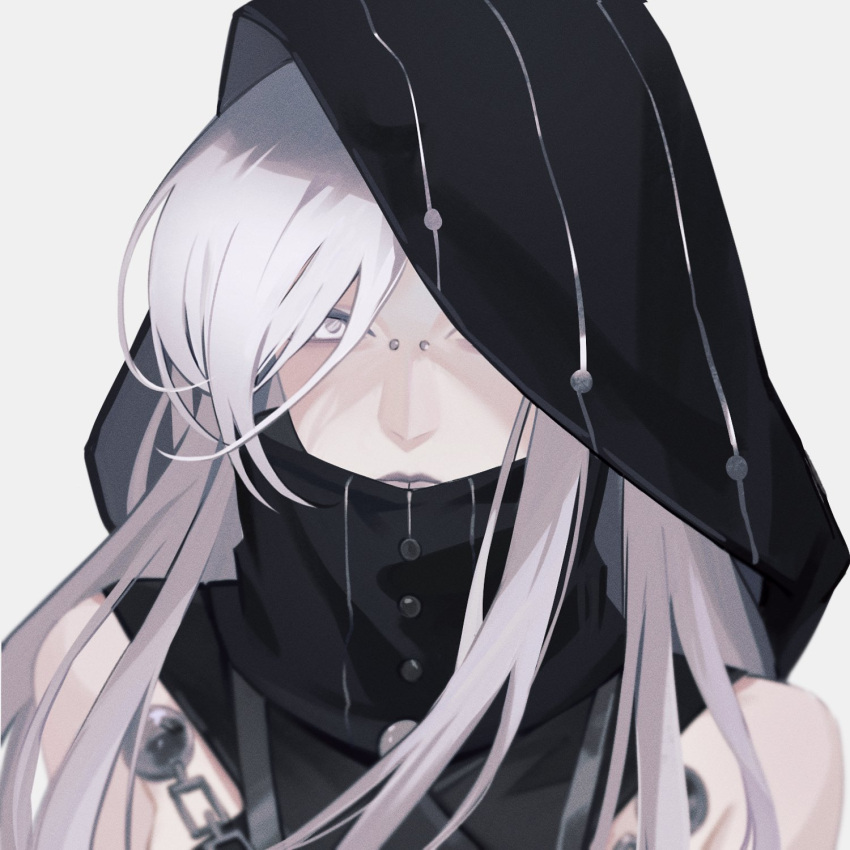 1girl chinese_commentary closed_mouth commentary_request grey_background grey_hair grey_pupils high_collar highres hood hood_up long_hair miix777 nose_piercing nox_(path_to_nowhere) path_to_nowhere piercing simple_background solo upper_body white_eyes