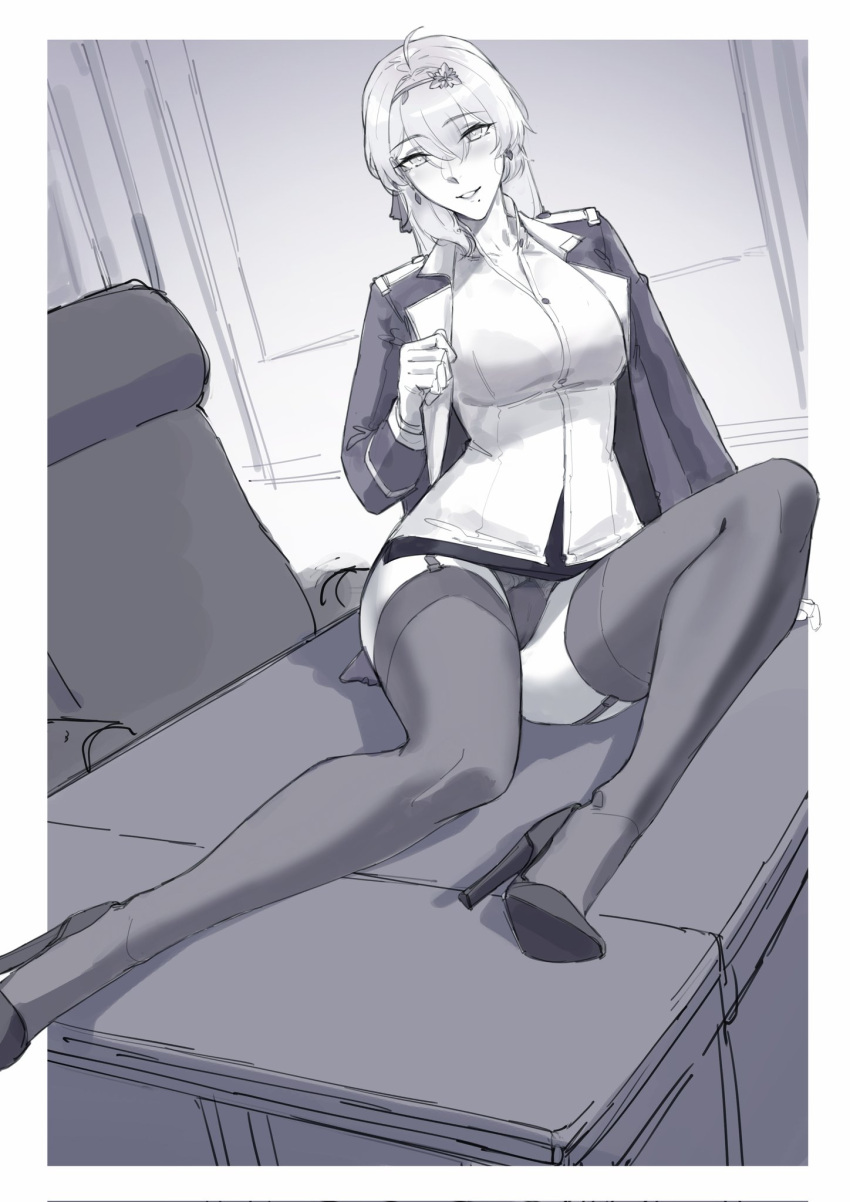 1girl ahoge arm_support black_bra blush bra bra_visible_through_clothes breasts chair dangodes desk earrings english_commentary garter_straps greyscale hair_between_eyes hair_intakes high_heels highres indoors jacket jewelry lace-trimmed_panties lace_trim large_breasts legs long_hair long_sleeves looking_at_viewer miniskirt mole mole_under_mouth monochrome open_clothes original outside_border panties shirt shoes sitting sketch skirt smile solo thighhighs thighs underwear uniform white_footwear white_shirt window