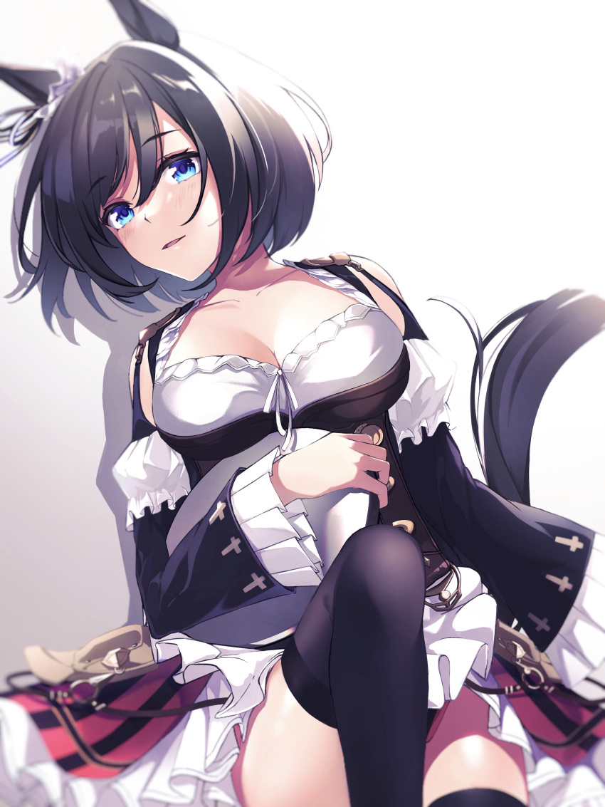 1girl absurdres animal_ears black_hair black_thighhighs blue_eyes bob_cut breasts choker cleavage collarbone detached_sleeves dirndl ear_scrunchie eishin_flash_(umamusume) german_clothes hair_between_eyes highres horse_ears horse_girl horse_tail jitome large_breasts long_sleeves looking_at_viewer noa0319 red_choker scrunchie short_hair simple_background skirt solo striped_clothes striped_skirt swept_bangs tail thighhighs umamusume vertical-striped_clothes vertical-striped_skirt white_scrunchie