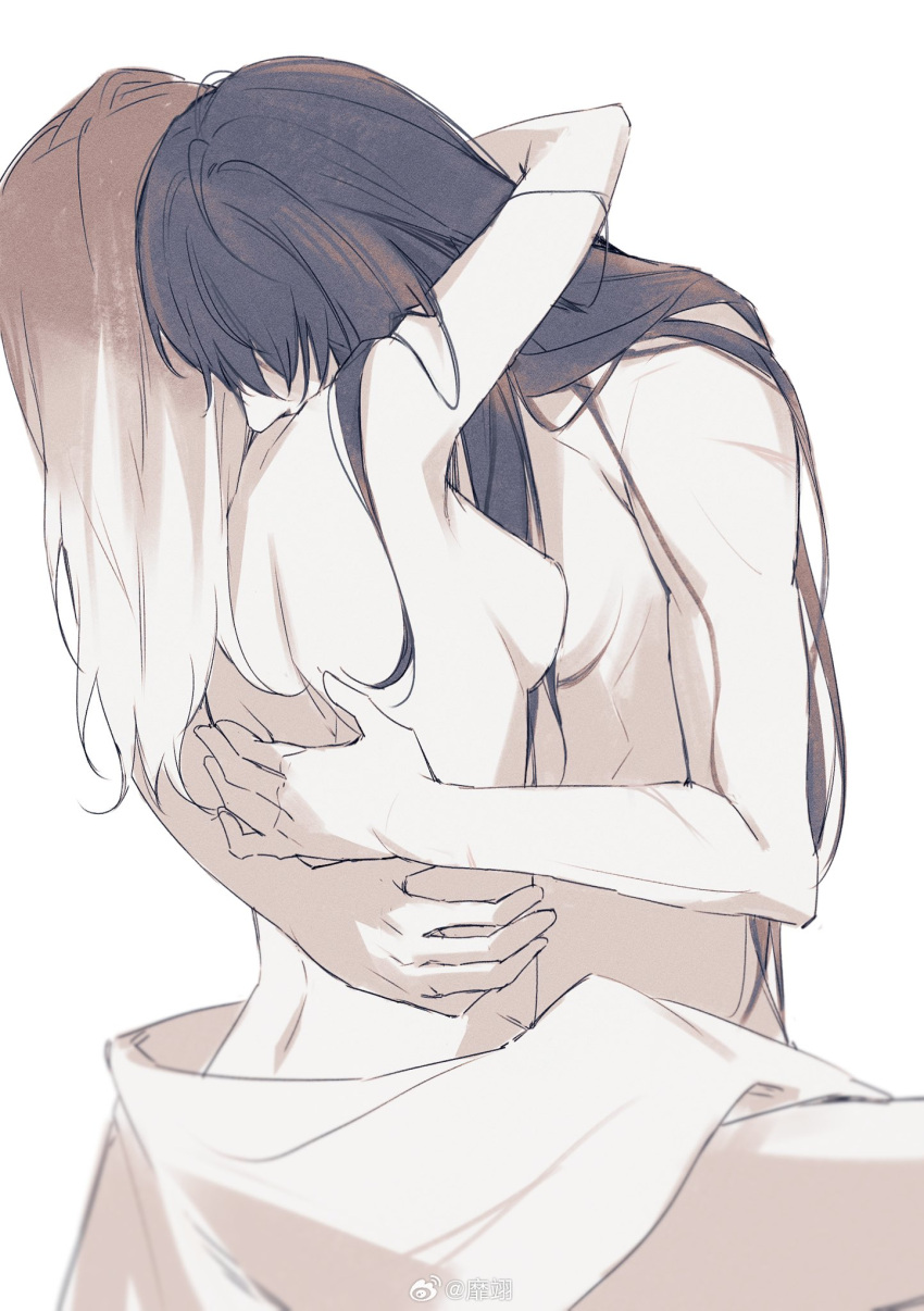 2girls arm_around_neck black_hair breasts commentary gradient_hair hands_on_another's_back hashtag-only_commentary highres hug long_hair miix777 multicolored_hair multiple_girls nude path_to_nowhere rahu_(path_to_nowhere) scar scar_on_arm shalom_(path_to_nowhere) simple_background small_breasts upper_body weibo_watermark white_background yuri