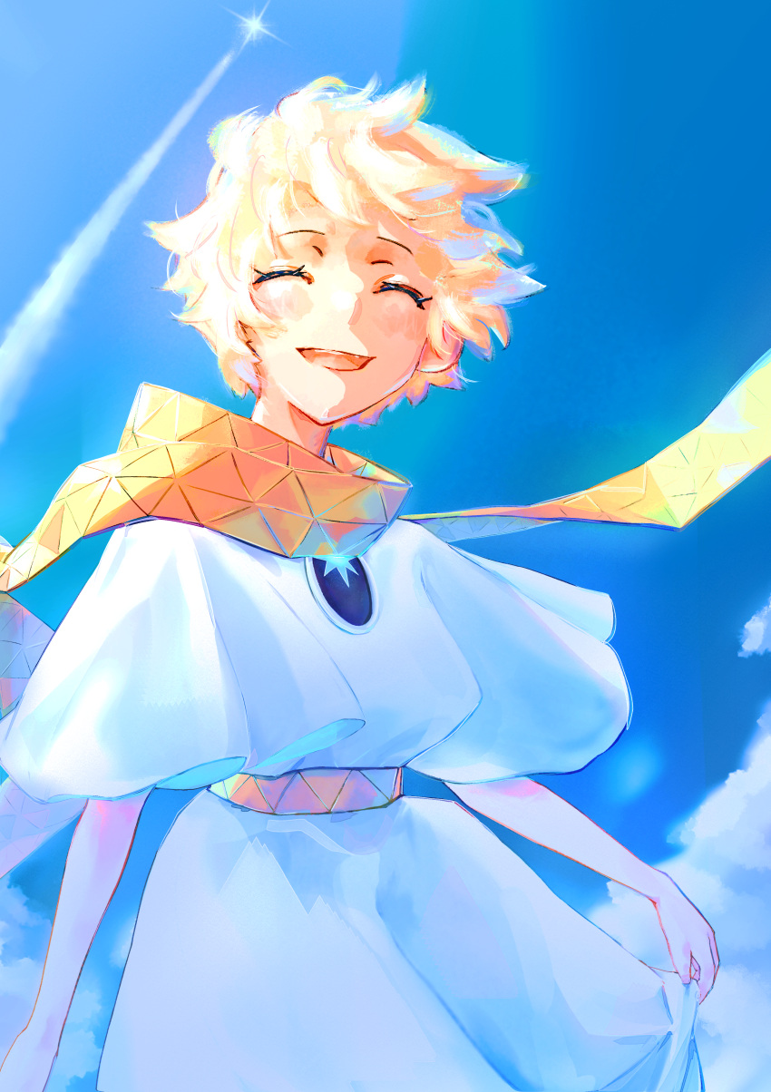 1boy absurdres baggy_clothes blonde_hair closed_eyes fate/grand_order fate_(series) highres looking_at_viewer male_focus open_mouth pistachiohyeah scarf short_hair short_sleeves sky smile solo tunic voyager_(fate) voyager_(first_ascension)_(fate) white_tunic yellow_scarf