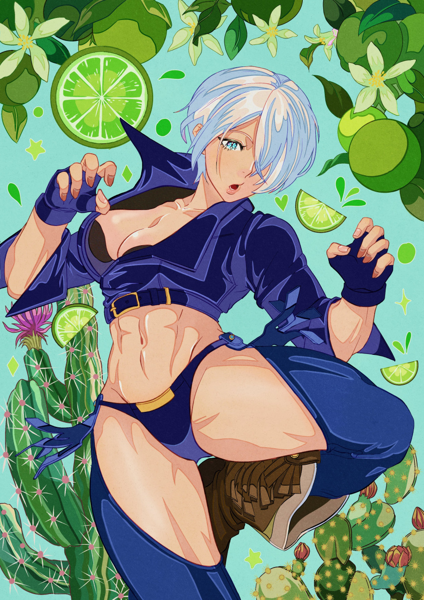 1girl abs absurdres angel_(kof) backless_pants blue_eyes boots bra breasts chaps cleavage cowboy_boots crop_top cropped_jacket dark-skinned_female dark_skin fingerless_gloves gloves hackeo_soda hair_over_one_eye highres jacket large_breasts leather leather_jacket looking_at_viewer midriff navel panties pants short_hair smile snk solo strapless strapless_bra tan the_king_of_fighters the_king_of_fighters_xiv toned underwear white_hair