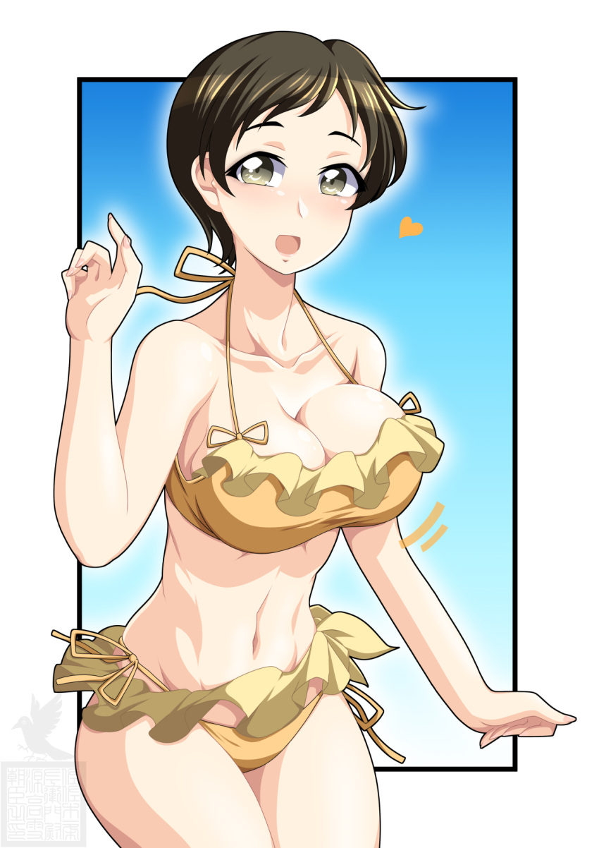 1girl artist_logo bikini bikini_skirt black_border border breasts brown_eyes brown_hair cowboy_shot girls_und_panzer halterneck heart highres ichijou_takakiyo kojima_emi large_breasts looking_at_viewer motion_lines navel open_mouth short_hair side-tie_bikini_bottom smile solo standing string_bikini swimsuit very_short_hair yellow_bikini