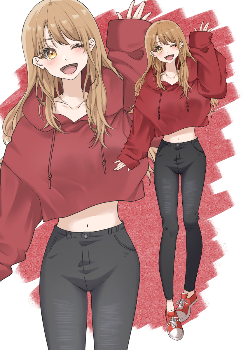 1girl absurdres alternate_costume alternate_hairstyle arm_up black_pants blonde_hair casual collarbone fashion full_body highres isshiki_iroha light_(lightpicture33) long_hair looking_at_viewer navel one_eye_closed open_mouth pants red_footwear red_sweater shoes sneakers solo standing sweater waving wide_sleeves yahari_ore_no_seishun_lovecome_wa_machigatteiru. yellow_eyes zoom_layer