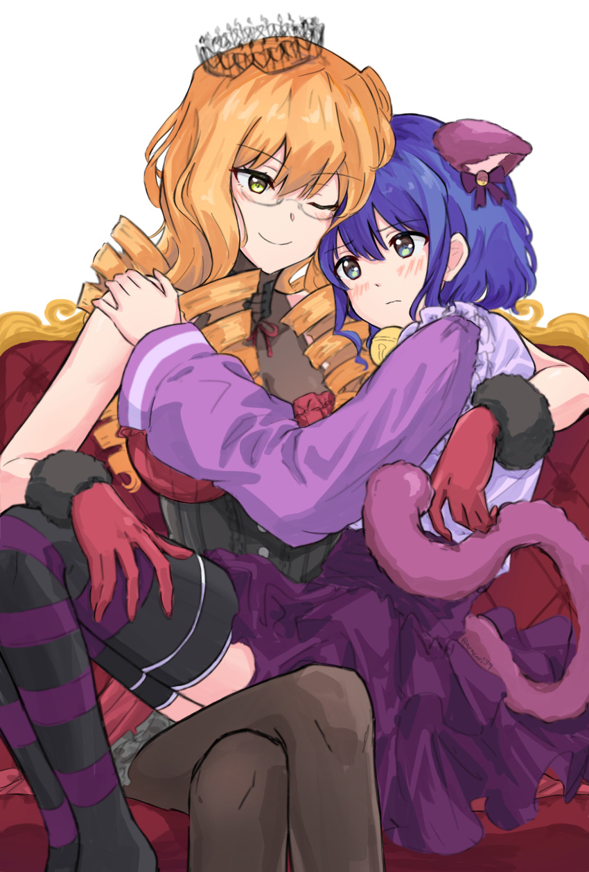 2girls absurdres animal_ears aracari bell black_pantyhose blonde_hair blue_eyes blue_hair blush breasts cat_ears cat_girl cat_tail chibana_sumika closed_mouth crown cuddling drill_hair glasses green_eyes highres large_breasts long_hair mamiya_kanoko multiple_girls neck_bell one_eye_closed pantyhose short_hair smile striped_clothes striped_thighhighs tail thighhighs watashi_no_yuri_wa_oshigoto_desu! yuri