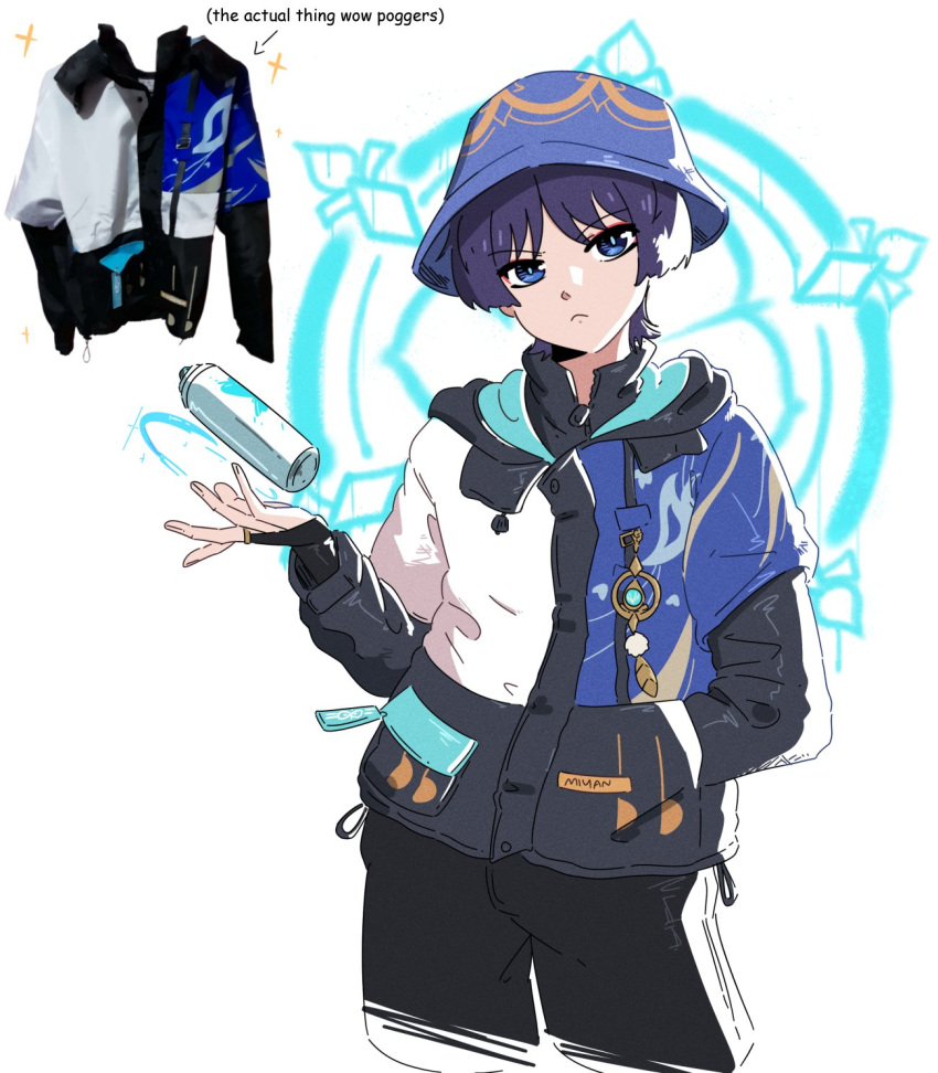 1boy adapted_costume black_jacket black_pants blue_eyes blue_hat blue_jacket bridal_gauntlets bucket_hat english_commentary english_text frown genshin_impact hand_in_pocket hat highres jacket looking_at_viewer male_focus miyan_(oceanmaiden) multicolored_clothes multicolored_jacket pants photo_inset reference_inset scaramouche_(genshin_impact) solo sparkle wanderer_(genshin_impact) white_background white_jacket