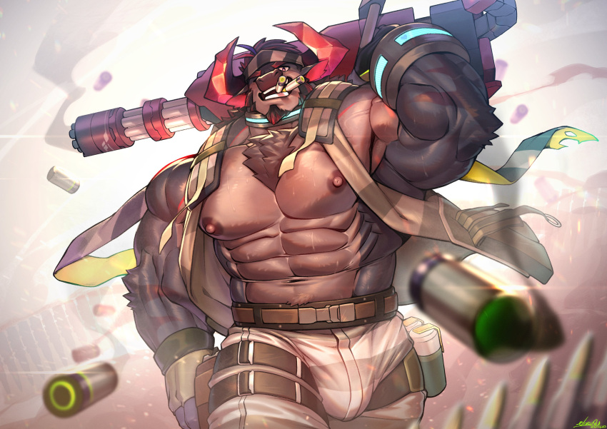 1boy abs absurdres ammunition_pouch animal_ears bara bare_pectorals belt blurry bulge bullet chest_tuft cow_boy cow_ears cow_horns cowboy_shot dated depth_of_field facial_hair fingerless_gloves furry furry_male gloves goatee gun headband highres horns large_bulge large_pectorals live_a_hero male_focus muscular muscular_male navel navel_hair_peek nipples obsidius_(live_a_hero) official_alternate_costume open_clothes over_shoulder pants pectorals pouch signature smoke smoking_gun solo striped_clothes striped_pants thick_arms thigh_belt thigh_strap vorusu weapon weapon_over_shoulder