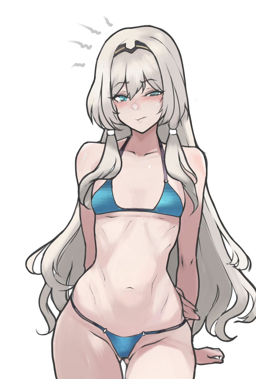 1girl an-94_(girls'_frontline) aqua_eyes arms_behind_back bikini black_hairband blue_bikini blush breasts cowboy_shot eyebrows_hidden_by_hair girls'_frontline hairband highres long_hair looking_at_viewer navel sidelocks simple_background small_breasts solo stomach straight-on swimsuit wessidesuyo white_background white_hair