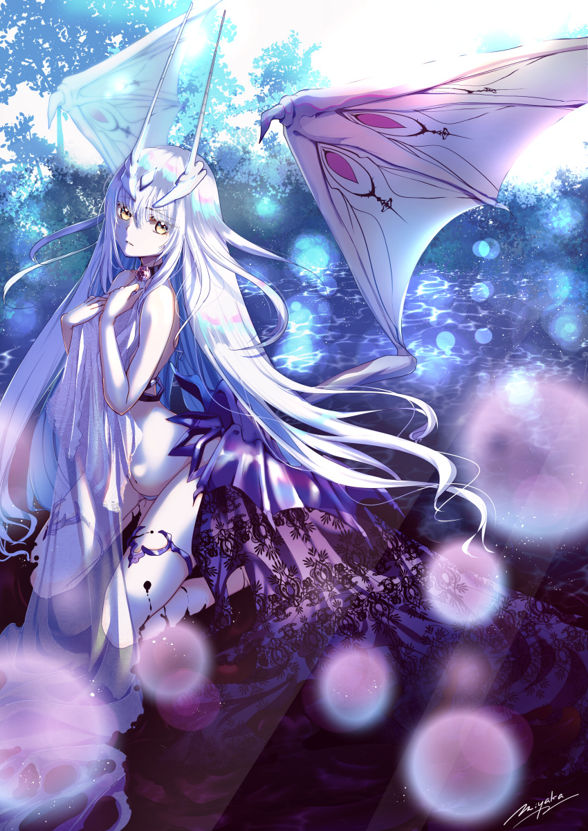 1girl absurdres bare_shoulders dragon_horns dragon_wings fate/grand_order fate_(series) forked_eyebrows highres horns long_hair looking_at_viewer melusine_(fate) melusine_(swimsuit_ruler)_(fate) melusine_(swimsuit_ruler)_(second_ascension)_(fate) miyaka_(58305841) navel one-piece_swimsuit sidelocks solo swimsuit thighlet thighs twitter_username untied_bikini_top white_hair white_one-piece_swimsuit wings yellow_eyes