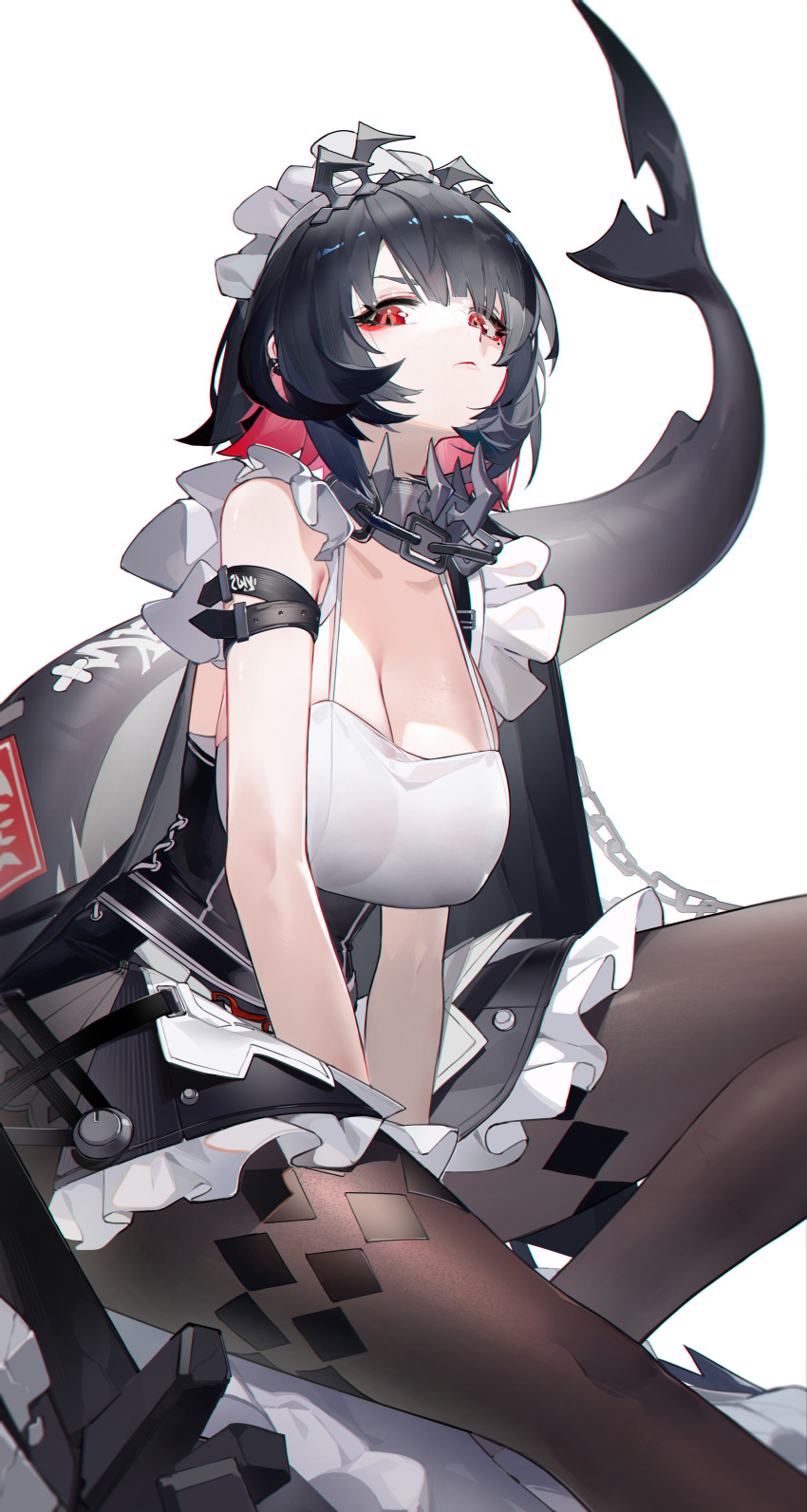 1girl absurdres arm_belt arms_between_legs bare_shoulders black_hair black_skirt breasts brown_pantyhose chain cleavage closed_mouth colored_inner_hair ellen_joe fins fish_tail foot_out_of_frame frilled_skirt frills highres looking_at_viewer maid maid_headdress mole mole_under_eye multicolored_hair pantyhose red_eyes red_hair short_hair simple_background skirt solo tail white_background yushe_quetzalli zenless_zone_zero