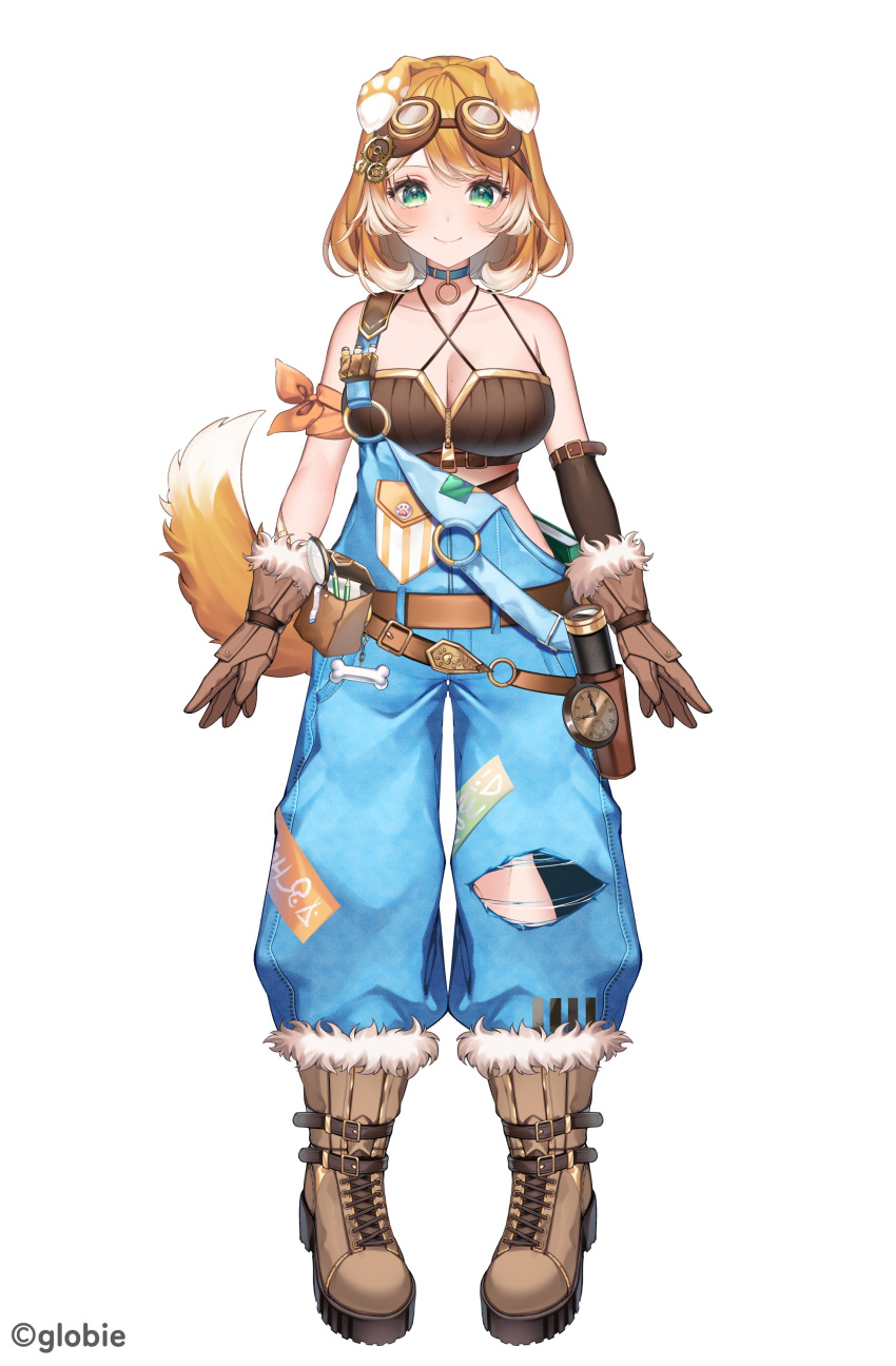1girl absurdres animal_ears anzu_1026 blonde_hair blue_choker blue_eyes blush bone bonnie_barkswell boots breasts brown_footwear brown_gloves brown_shirt choker cleavage clock collarbone copyright_name crop_top dog_ears dog_tail full_body fur-trimmed_boots fur-trimmed_gloves fur_trim gears globie gloves goggles goggles_on_head highres large_breasts looking_at_viewer magnifying_glass mixed-language_commentary multicolored_hair official_art orange_armband orange_hair overalls patch paw_print pencil pin roman_numeral shirt smile solo standing swept_bangs tail telescope vial virtual_youtuber