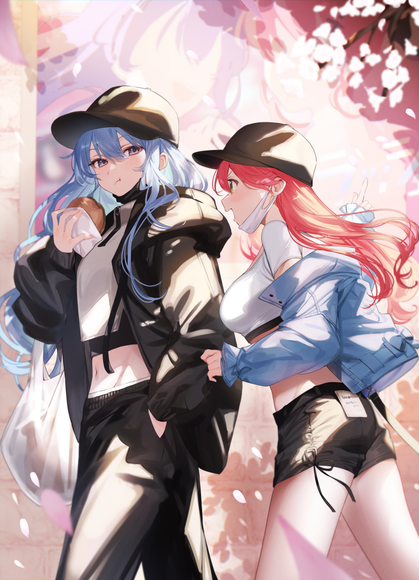 1girl 2girls absurdres alternate_costume baseball_cap black_hair black_jacket black_pants black_shorts blue_hair blue_jacket blurry blurry_background blurry_foreground blush bread breasts brown_hat cherry_blossoms commentary cowboy_shot crop_top cropped_shirt eating food from_side green_eyes grey_background hand_in_pocket hat highres holding hololive hood hooded_jacket hoshimachi_suisei index_finger_raised jacket kuma_daigorou large_breasts light_blush long_hair looking_ahead mask mask_pull midriff mouth_mask multiple_girls navel off_shoulder open_clothes open_jacket open_mouth pants petals pink_hair profile red_hair sakura_miko shirt shorts sleeves_past_wrists small_breasts solo surgical_mask symbol-only_commentary unworn_mask virtual_youtuber white_mask white_shirt