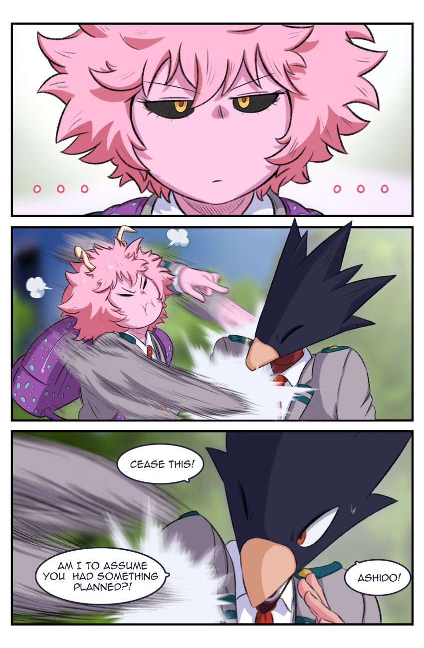 absurd_res animal_head animal_humanoid ashido_mina avian avian_humanoid clothing comic duo female for_a_head fumikage_tokoyami greatm8sfm hi_res humanoid male male/female my_hero_academia necktie pink_body pink_skin shirt topwear white_clothing white_shirt white_topwear