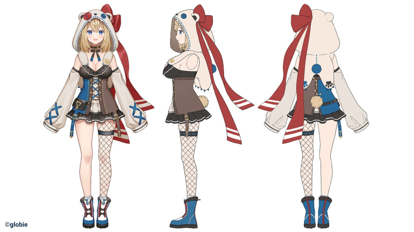 1girl :d animal_hood asymmetrical_legwear black_choker blonde_hair blue_eyes blue_footwear blue_ribbon blush boots breasts buttons choker cleavage copyright_name detached_sleeves english_commentary full_body globie highres hood hood_up kumanui_miel macco medium_breasts multiple_views official_art open_mouth red_ribbon reference_sheet ribbon second-party_source single_fishnet_legwear sleeves_past_fingers sleeves_past_wrists smile standing thigh_strap tongue virtual_youtuber white_background white_sleeves
