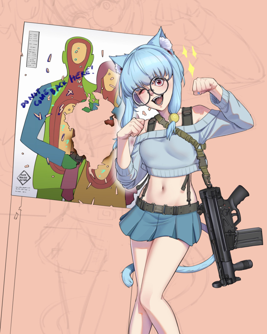 1girl absurdres animal_ears artist_name battle_rifle blue_hair blue_nails blue_sweater cat_ears cat_girl cat_tail cowboy_shot cropped_sweater english_commentary english_text fangs gun gun_sling h&amp;k_hk51 highres looking_at_viewer midriff off-shoulder_sweater off_shoulder one_eye_closed open_mouth original paw_pose pleated_skirt puto_trash red_eyes rifle round_eyewear sidelocks silhouette_target skirt sweater tail target teeth weapon
