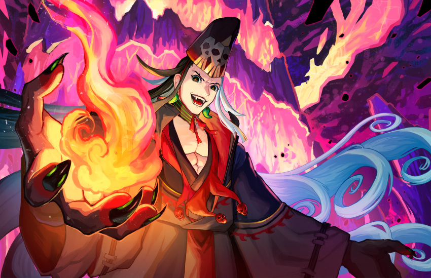 1boy ashiya_douman_(fate) ashiya_douman_(third_ascension)_(fate) asymmetrical_hair black_eyes black_hair curly_hair earrings fate/grand_order fate_(series) fingernails hat heian highres jewelry long_fingernails long_hair magatama magatama_earrings male_focus multicolored_hair official_alternate_costume onmyouji sharp_fingernails shikigami solo split-color_hair starrytree tate_eboshi toned toned_male two-tone_hair very_long_hair white_hair