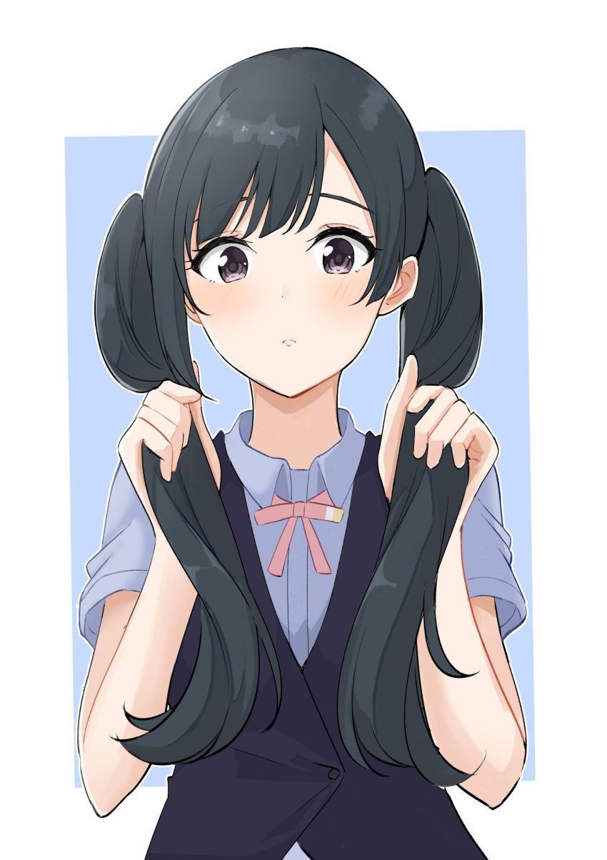 1girl alternate_hairstyle black_hair black_vest blue_background blue_shirt blush border collared_shirt commentary_request grey_eyes highres long_hair looking_at_viewer love_live! love_live!_nijigasaki_high_school_idol_club neck_ribbon nijigasaki_academy_school_uniform outside_border pink_ribbon playing_with_own_hair ribbon school_uniform shirt short_sleeves sidelocks solo summer_uniform swept_bangs tatsumi432 twintails upper_body vest white_border yuki_setsuna_(love_live!)