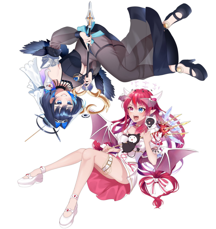 2girls alternate_costume bat_wings belt bloom_(irys) blue_eyes breasts commentary_request corset devil_janai_mon_(vocaloid) double_halo dress fangs full_body gloom_(irys) grin halo hana_kuro3 head_wings heterochromia highres holding_trident hololive hololive_english horns irys_(hololive) large_breasts long_hair looking_at_another mascot multicolored_hair multiple_girls official_art open_mouth ouro_kronii pointy_ears polearm puffy_short_sleeves puffy_sleeves purple_eyes purple_hair red_hair short_dress short_sleeves sidelocks smile star_halo streaked_hair symbol-shaped_pupils thigh_belt thigh_strap trident two-sided_dress two-sided_fabric underbust v-shaped_eyebrows very_long_hair virtual_youtuber weapon white_background white_corset white_dress white_footwear white_horns wings