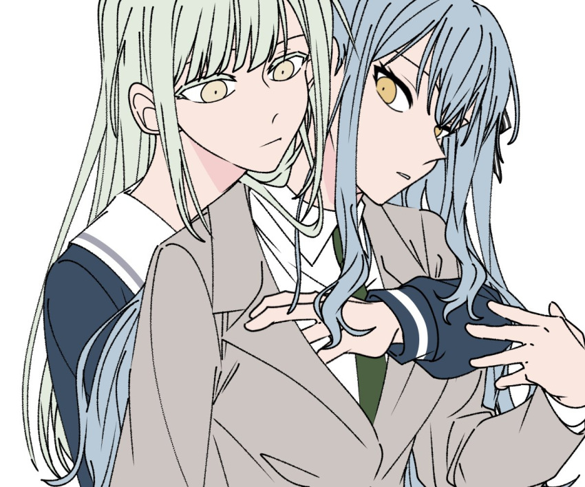 2girls a_jak bang_dream! bang_dream!_it's_mygo!!!!! blue_hair blue_shirt closed_mouth collared_shirt grabbing grabbing_from_behind green_hair green_necktie grey_jacket hand_under_clothes hand_under_shirt jacket long_hair long_sleeves multiple_girls necktie parted_lips sailor_collar shirt simple_background togawa_sakiko upper_body wakaba_mutsumi white_background white_sailor_collar white_shirt yellow_eyes yuri