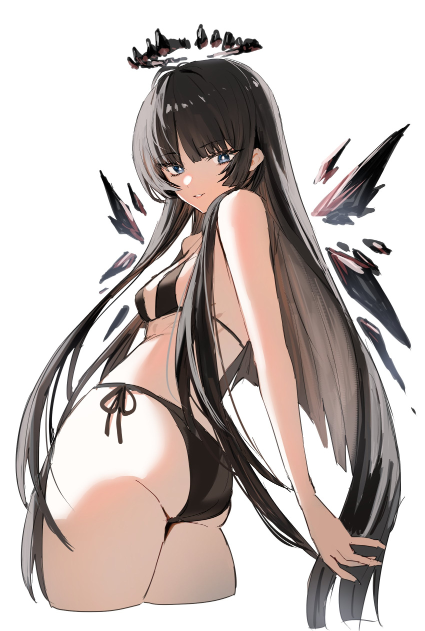 1girl absurdres alternate_eye_color antenna_hair arknights ass bare_arms bare_hips bare_shoulders bikini black_bikini black_hair black_halo black_wings blue_eyes breasts bright_pupils broken_halo colored_inner_hair commentary cropped_legs dark_halo detached_wings energy_wings eyelashes from_behind from_below grey_hair grin hair_flowing_over halo highres horn/wood lips long_hair looking_at_viewer looking_back looking_down multicolored_hair outstretched_arm parted_lips ribs shade side-tie_bikini_bottom sideboob sidelighting sidelocks simple_background skinny small_breasts smile solo standing straight_hair string_bikini swimsuit symbol-only_commentary teeth thighs turning_head two-tone_hair very_long_hair virtuosa_(arknights) white_background white_pupils wings