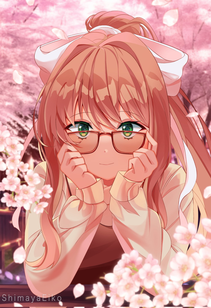 1girl bow brown_hair cherry_blossoms doki_doki_literature_club glasses green_eyes hair_bow highres long_sleeves looking_at_viewer monika_(doki_doki_literature_club) outdoors ponytail shimayaeiko smile solo sweater