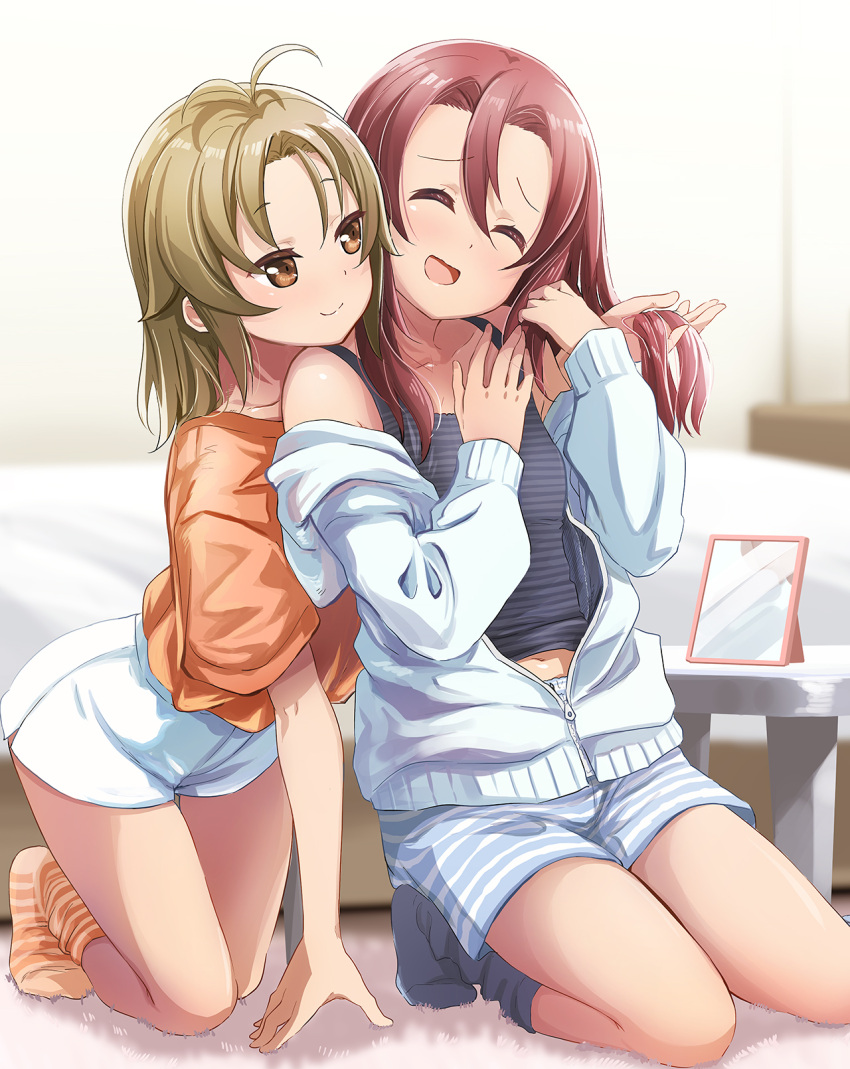 2girls abe_kanari antenna_hair arm_support bed bedroom brown_eyes brown_hair closed_eyes commentary_request dolphin_shorts head_on_another's_shoulder high_school_fleet highres himeji_kayoko holding_another's_hair indoors kneeling matsunaga_ritsuko multiple_girls navel off-shoulder_sweater off_shoulder shorts smile socks striped_clothes striped_shorts sweater tank_top