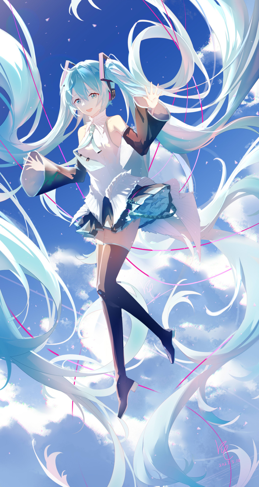 1girl absurdly_long_hair absurdres aqua_eyes aqua_hair aqua_necktie black_footwear black_skirt black_sleeves blue_sky boots chinese_commentary cloud cloudy_sky commentary_request day detached_sleeves floating floating_hair full_body hair_between_eyes hair_ornament hands_up hatsune_miku highres long_hair long_sleeves miniskirt necktie open_mouth outdoors pleated_skirt shirt skirt sky sleeveless sleeveless_shirt smile solo thigh_boots twintails very_long_hair vocaloid wen_chen white_shirt
