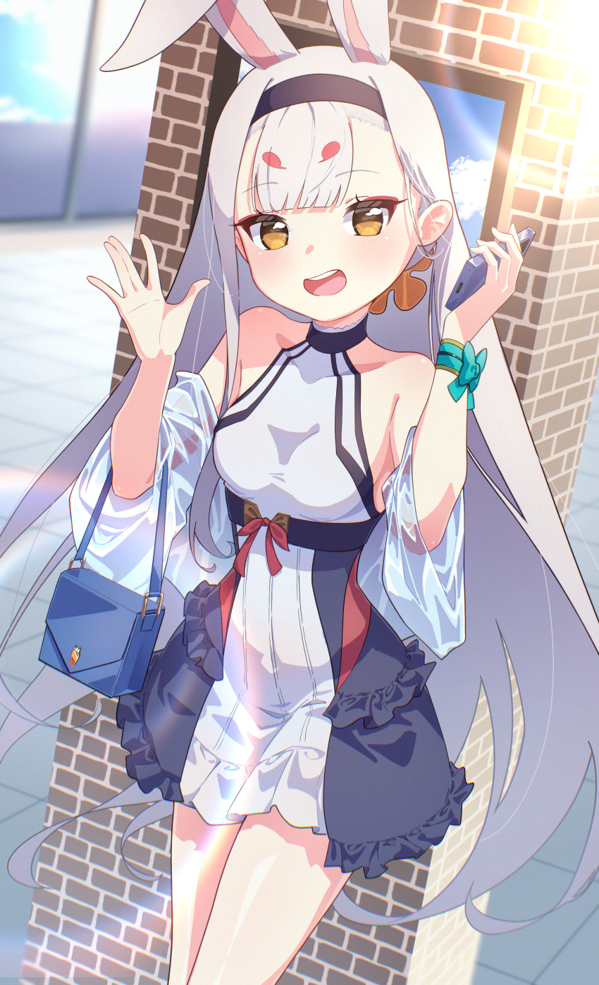 1girl absurdres animal_ears arms_up azur_lane bag black_skirt breasts brown_eyes cellphone hairband highres long_hair looking_at_viewer marimo_daifuku open_mouth outdoors phone rabbit_ears rabbit_girl shimakaze_(azur_lane) shirt skirt sleeveless sleeveless_shirt smile solo thighs two-tone_skirt waving white_hair white_shirt white_skirt