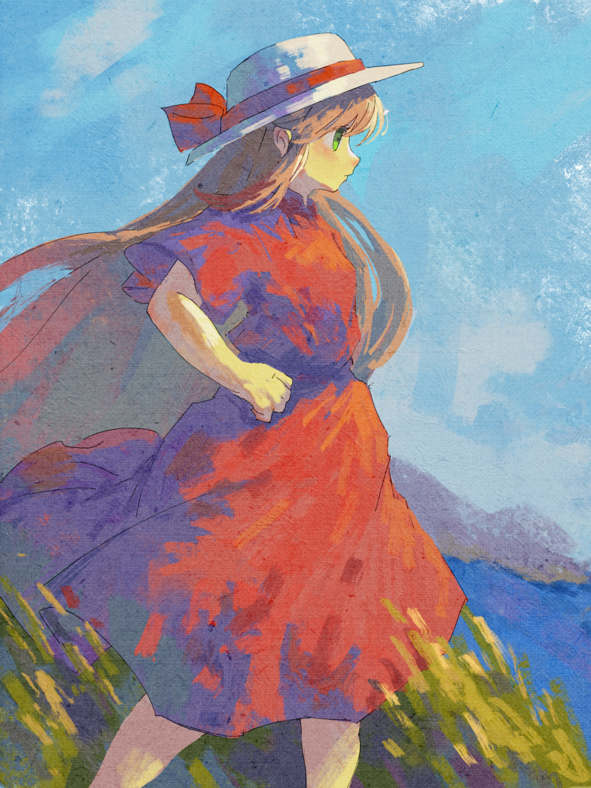 1girl blue_sky brown_hair closed_mouth commentary day dress feet_out_of_frame from_side ge_dazuo green_eyes hand_on_own_hip hat hat_ribbon highres long_hair original outdoors profile red_dress red_ribbon ribbon short_sleeves sky solo standing very_long_hair white_hat