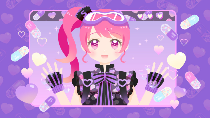 1girl :d black_gloves cropped_torso fingerless_gloves gloves goggles goggles_on_head hands_up hat heart highres long_hair looking_at_viewer mini_hat neck_ribbon official_art open_mouth pill purple_background purple_eyes purple_ribbon ribbon shiori_mukada side_ponytail sidelocks smile solo sophia-chan straight-on syn_sophia upper_body