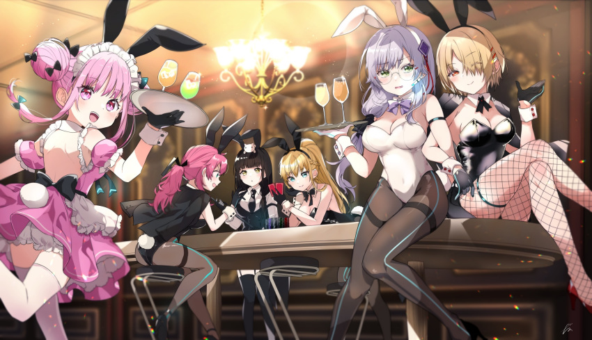 aikawa_megumi animal_ears asakura_karen_(heaven_burns_red) bare_shoulders black_hair black_leotard black_pantyhose blonde_hair braid breasts card casino casino_card_table detached_collar double_bun fake_animal_ears fishnet_pantyhose fishnets french_braid green_eyes grey_hair hair_bun hair_ornament hair_over_one_eye heaven_burns_red highres indoors izumi_yuki_(heaven_burns_red) k_i49 kayamori_ruka kunimi_tama large_breasts leotard long_hair pantyhose pink_eyes pink_hair playboy_bunny playing_card poker_chip ponytail rabbit_ears rabbit_tail red_eyes round_eyewear short_hair strapless strapless_leotard table tail team_31a_(heaven_burns_red) toujou_tsukasa white_leotard wrist_cuffs yellow_eyes