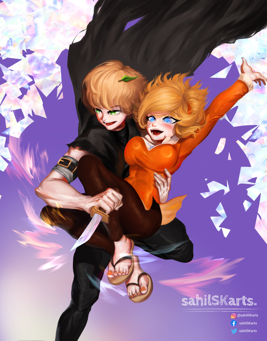 absurdres artist_name blonde_hair blue_eyes brown_pantyhose cape carrying carrying_person feet green_eyes guardian_tales hairband highres holding holding_weapon medium_hair orange_hairband orange_shirt pantyhose parted_bangs sahilskarts shirt simple_background smile weapon