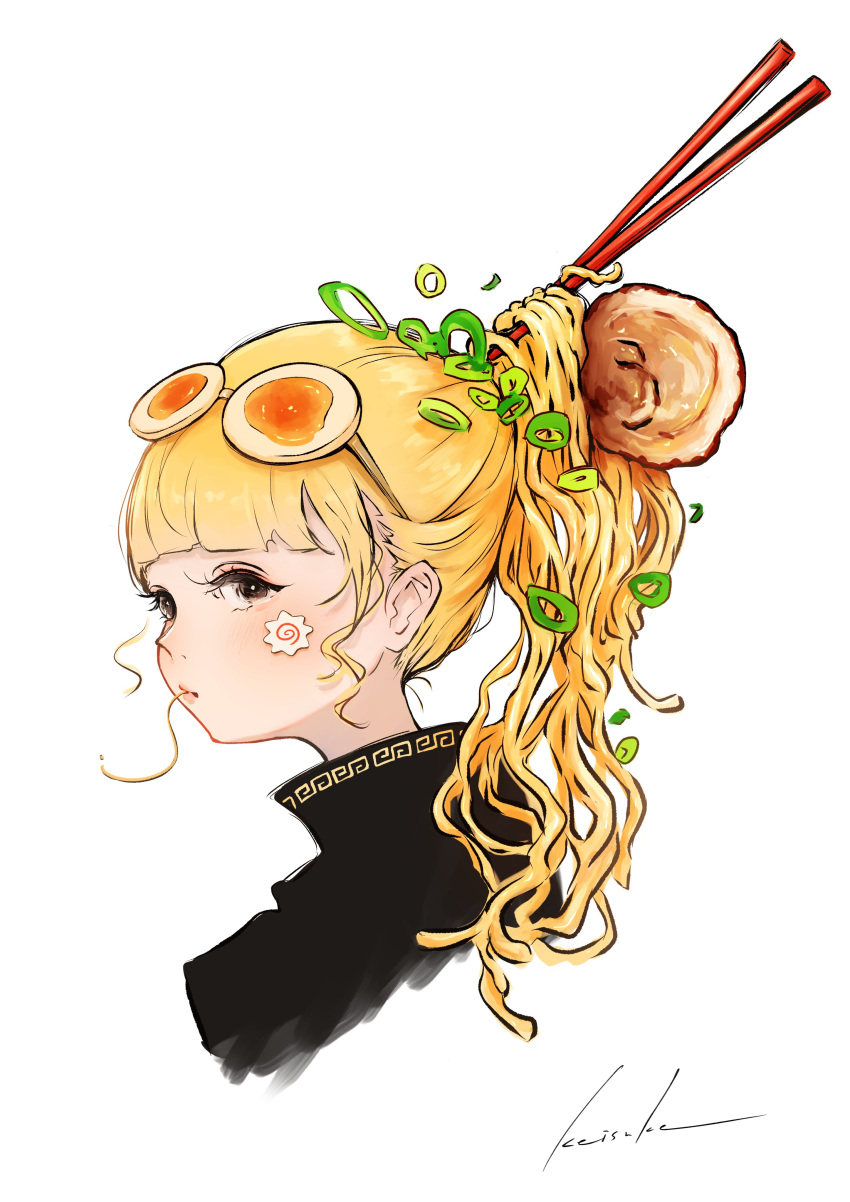 1girl absurdres black_jacket blonde_hair brown_eyes chopsticks egg_(food) eyewear_on_head food food_focus from_side high_ponytail highres jacket kamaboko keisuke1105 looking_afar narutomaki noodles original ramen signature simple_background solo spring_onion upper_body white_background