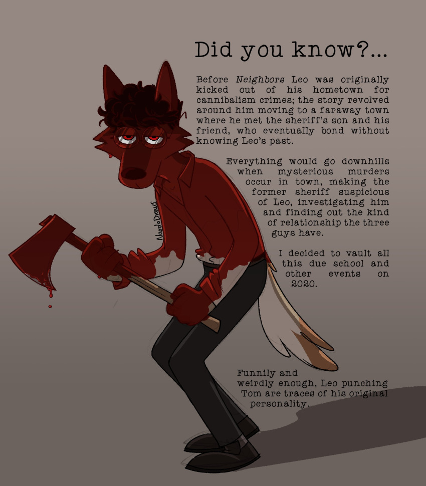 2024 anthro axe backstory blood blood_on_face blood_on_weapon bodily_fluids bottomwear canid canine canis clothing collared_shirt covered_in_blood eyewear footwear glasses half-closed_eyes hi_res hunched_over leo_(nardodraws) looking_at_viewer male mammal nardodraws narrowed_eyes pants red_eyes shirt shoes solo topwear weapon wolf