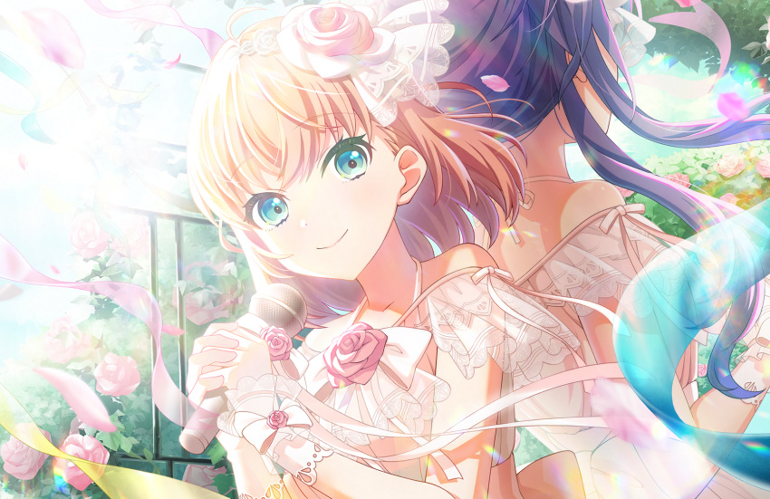 2girls aqua_eyes bow closed_mouth collarbone crossed_bangs dress dress_bow dress_flower facing_away falling_petals flower game_cg hair_flower hair_ornament halter_dress halterneck highres hinoshita_kaho holding holding_microphone lace-trimmed_hair_ornament lace_wrist_cuffs lens_flare link!_like!_love_live! long_hair looking_at_viewer love_live! medium_hair microphone multiple_girls off-shoulder_dress off_shoulder official_art orange_hair otomune_kozue petals pink_flower pink_petals pink_rose purple_hair rose side-tie_dress side_ponytail smile solo_focus streamers third-party_source two-handed two_side_up virtual_youtuber white_bow white_dress wrist_bow