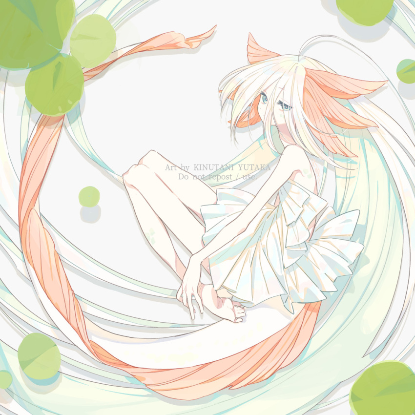 1girl absurdly_long_hair ahoge aqua_eyes artist_name axolotl_girl axolotl_tail closed_mouth dress fins full_body green_hair head_fins kinutani_yutaka knees_up lily_pad long_hair looking_at_viewer original simple_background solo tail very_long_hair white_background white_dress