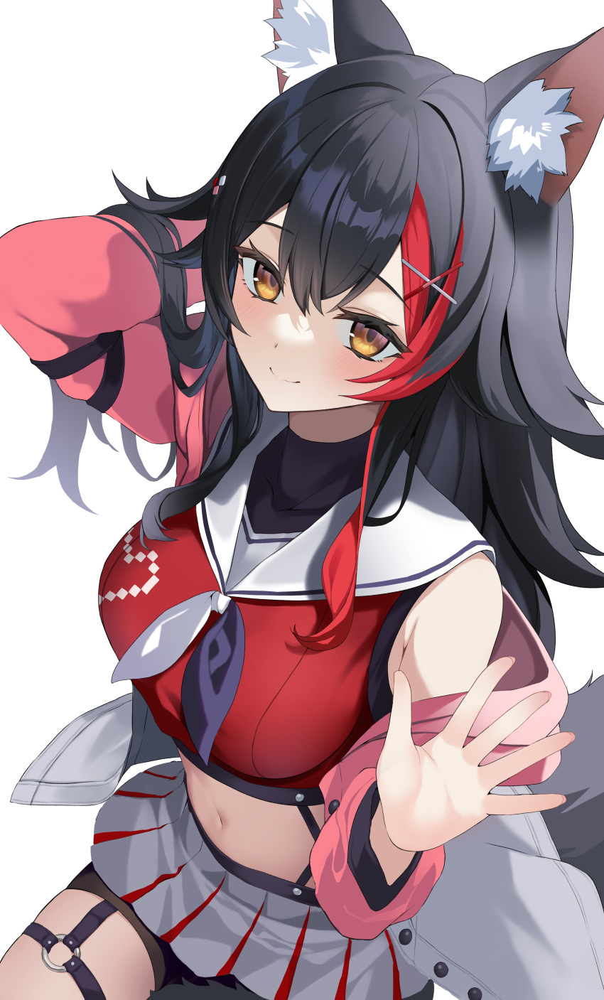 1girl absurdres animal_ear_fluff animal_ears argule0901 black_hair breasts hair_ornament hairclip highres hololive jacket large_breasts long_hair looking_at_viewer midriff multicolored_hair navel ookami_mio red_hair sailor_collar shorts simple_background smile streaked_hair virtual_youtuber white_background wolf_ears wolf_girl