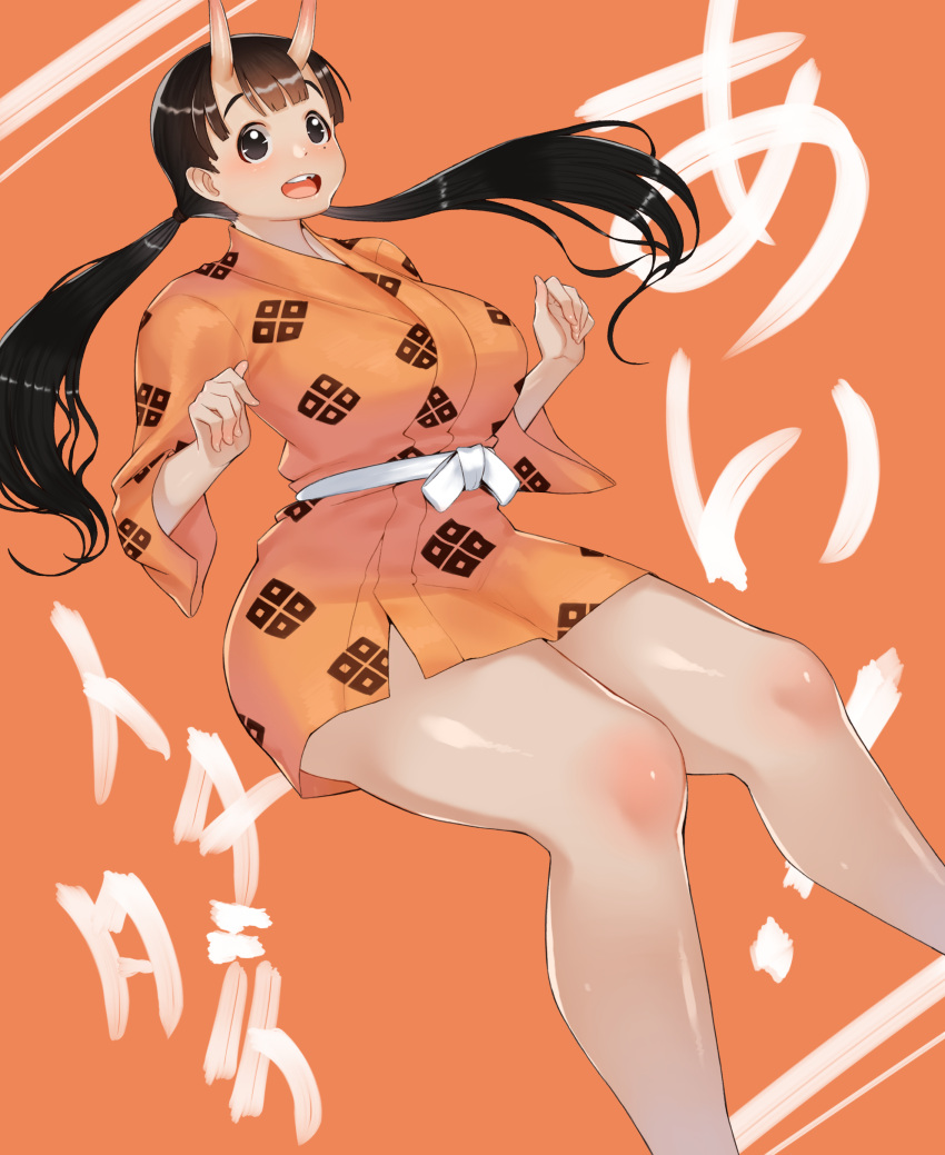 1girl :d absurdres black_eyes black_hair breasts broken_tooth chipped_tooth dungeon_meshi feet_out_of_frame highres horns huge_breasts inutade japanese_clothes kajichan kimono long_hair mole mole_under_eye orange_background orange_kimono skin-covered_horns smile solo twintails wide_sleeves