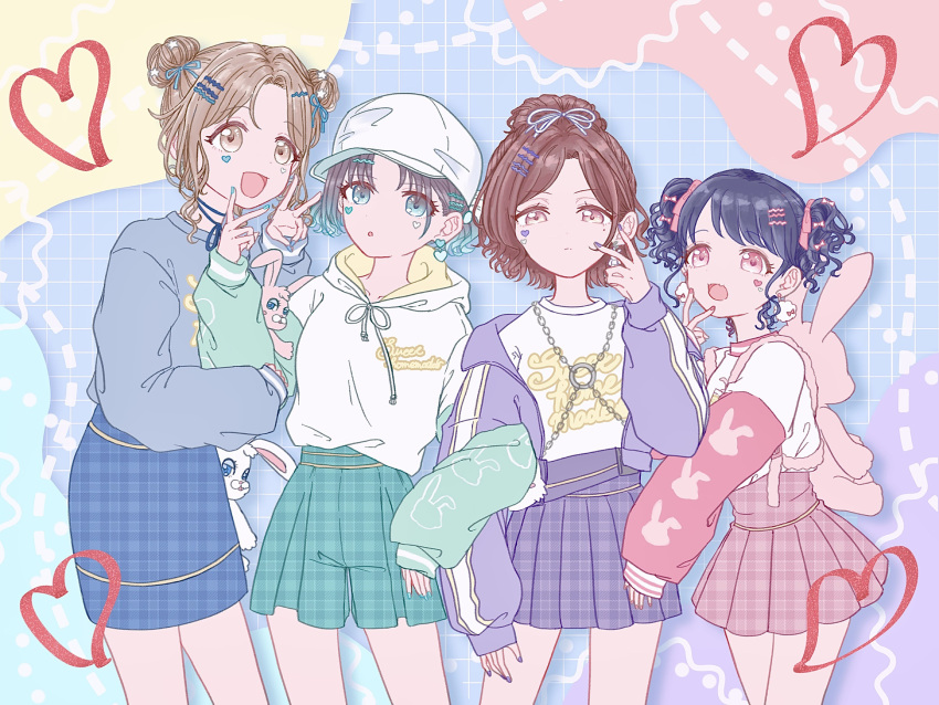 4girls animal_bag arm_hug asakura_toru backpack bag baseball_cap blue_hair brown_hair cow cowboy_shot dark_blue_hair double_bun fang fingernails fukumaru_koito grid_background hair_bun hair_ribbon hat heart heart_stickers highres higuchi_madoka hyou_chill ichikawa_hinana idolmaster idolmaster_shiny_colors long_sleeves looking_at_viewer mole mole_under_eye multiple_girls nail_polish noctchill_(idolmaster) o-ring plaid plaid_skirt pleated_skirt ribbon skin_fang skirt sticker_on_face stuffed_animal stuffed_rabbit stuffed_toy twintails unmoving_pattern v